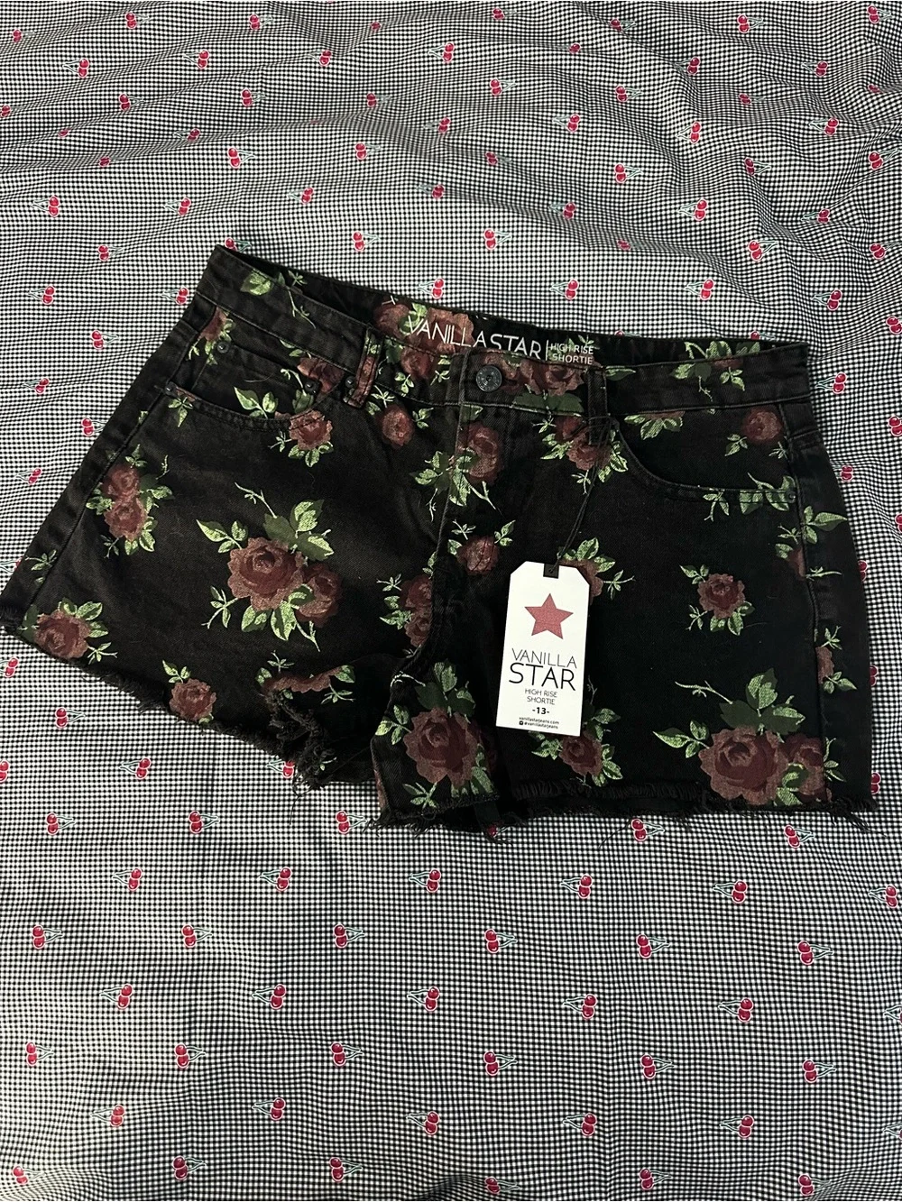 Vanilla Star Black Denim Shorts with Rose Print